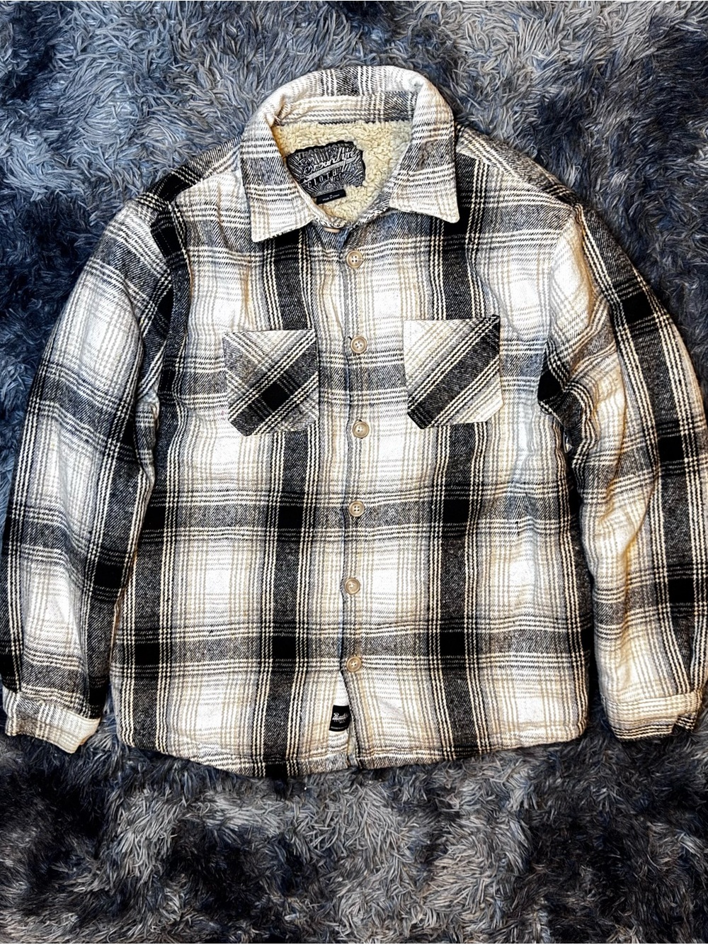 South Pole Black and White Plaid Sherpa-Lined Shirt Jacket